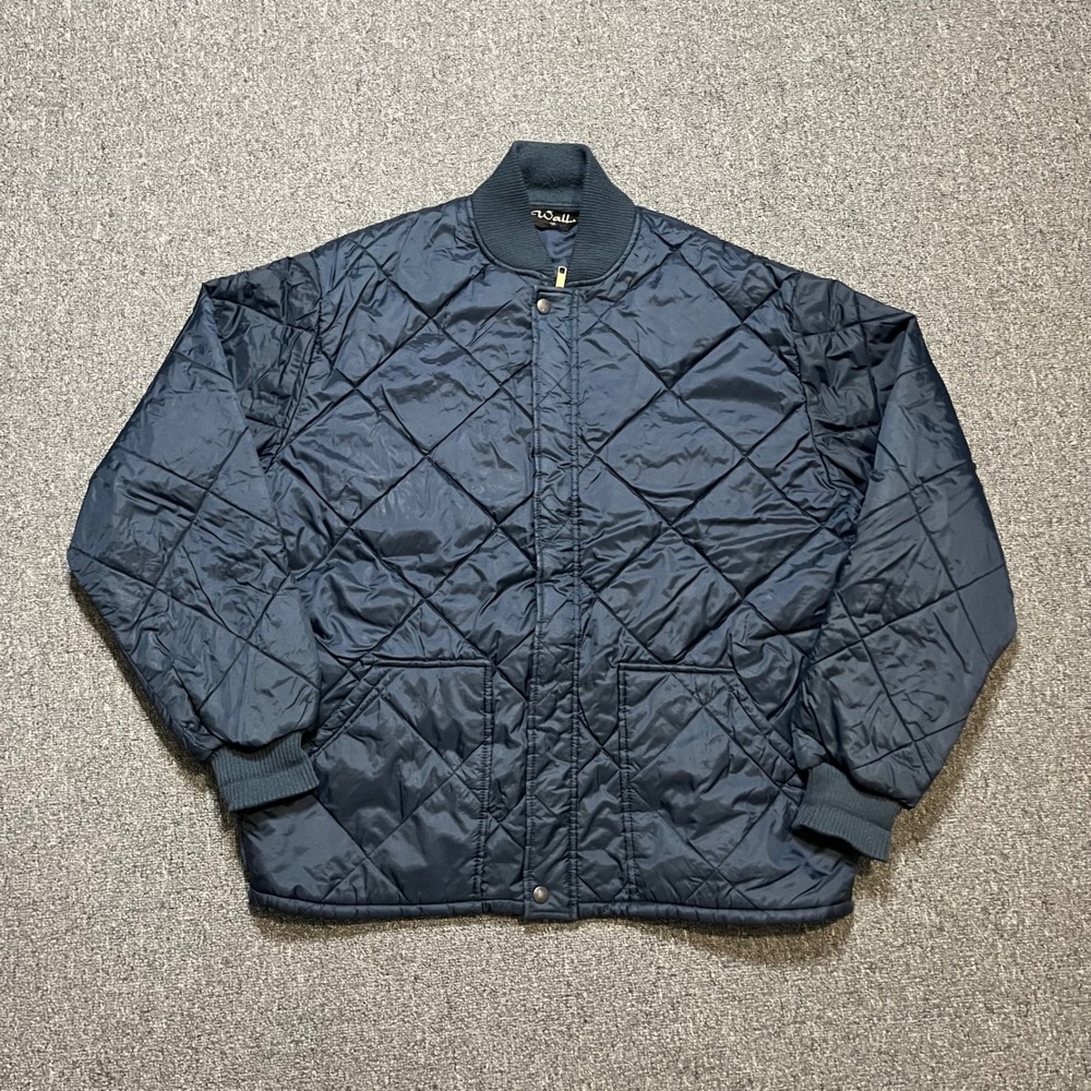 Vintage Walls Quilted Bomber Jacket Large Navy Blue Diamond Quilt Workwear 90s